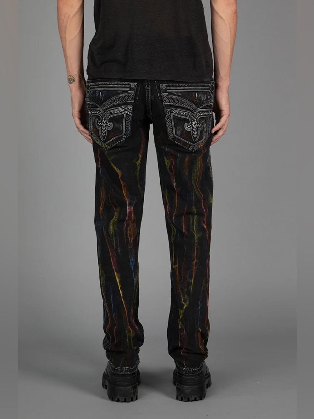 Rock Revival Lunar Rock Alt Straight Men’s Black Jeans with Multicolor Streaks - Picture 4 of 16